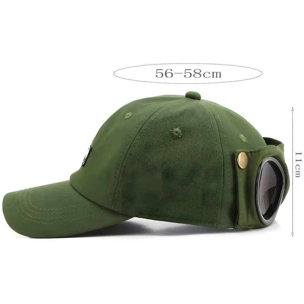 Aviator Cap for Men & Women, Retro Streetwear Baseball Hat with Built-in Aviator Lens Design, Adjustable Cotton Cap – Military Green