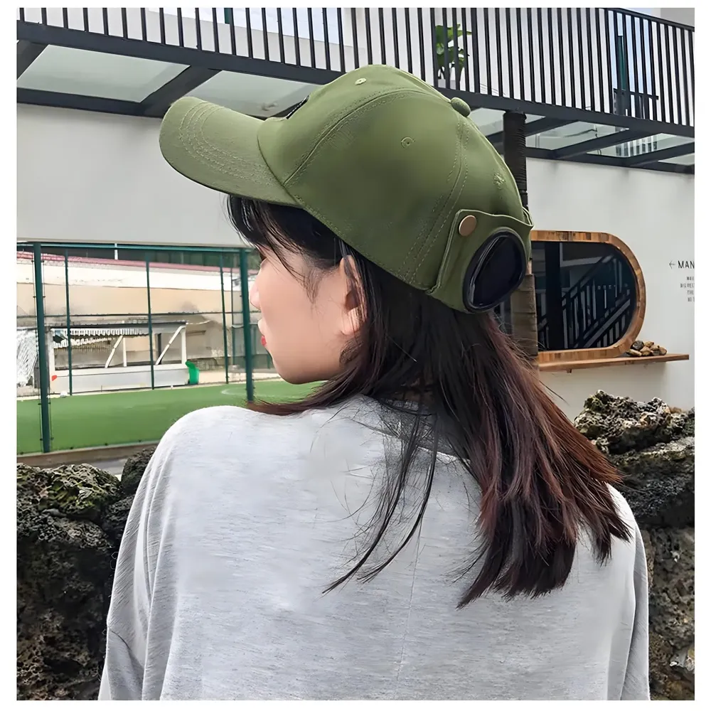 Aviator Cap for Men & Women, Retro Streetwear Baseball Hat with Built-in Aviator Lens Design, Adjustable Cotton Cap – Military Green