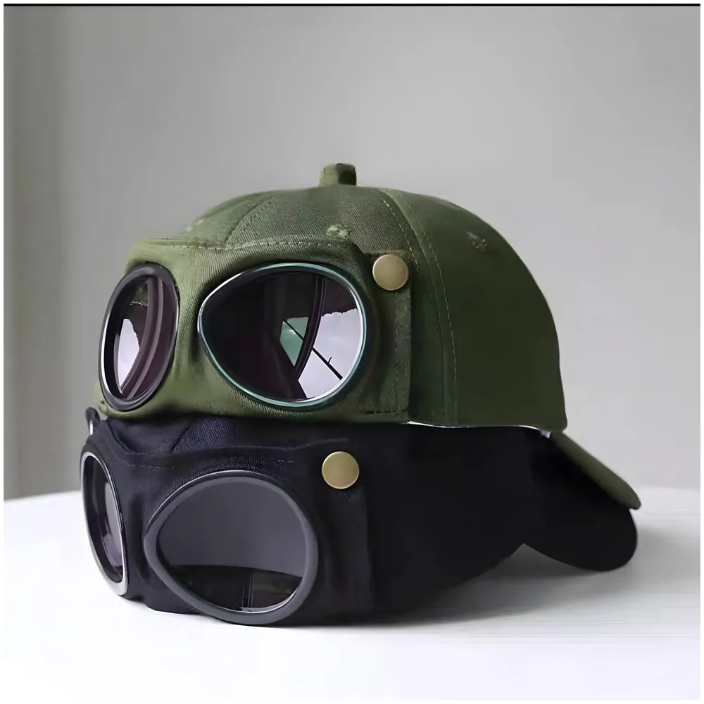 Aviator Cap for Men & Women, Retro Streetwear Baseball Hat with Built-in Aviator Lens Design, Adjustable Cotton Cap – Military Green