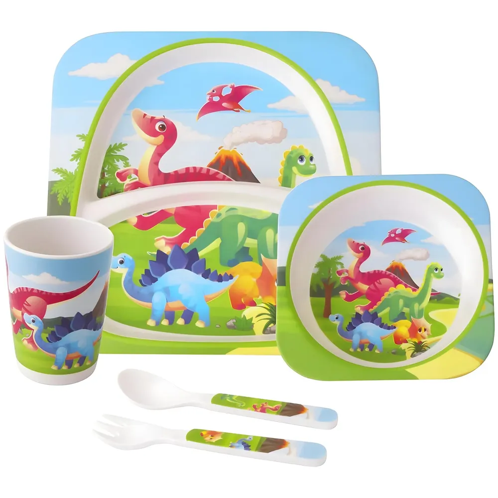 Kids Bamboo Baby Tableware, Eco Friendly Bamboo Fibre Dinner Set for Toddler and Kids, Self-Feeding Baby Utensil Set of 5pcs, 1 x Plate, 1 x Bowl, 1 x Glass, 1 x Spoon, 1 x Fork Dinosaur