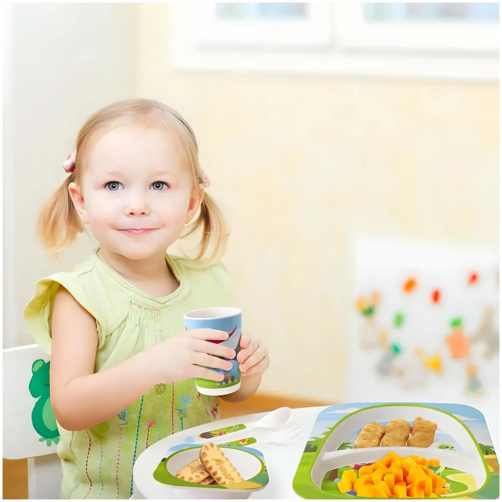 Kids Bamboo Baby Tableware, Eco Friendly Bamboo Fibre Dinner Set for Toddler and Kids, Self-Feeding Baby Utensil Set of 5pcs, 1 x Plate, 1 x Bowl, 1 x Glass, 1 x Spoon, 1 x Fork Dinosaur