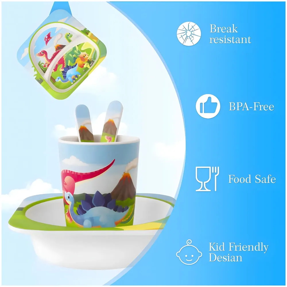 Kids Bamboo Baby Tableware, Eco Friendly Bamboo Fibre Dinner Set for Toddler and Kids, Self-Feeding Baby Utensil Set of 5pcs, 1 x Plate, 1 x Bowl, 1 x Glass, 1 x Spoon, 1 x Fork Dinosaur