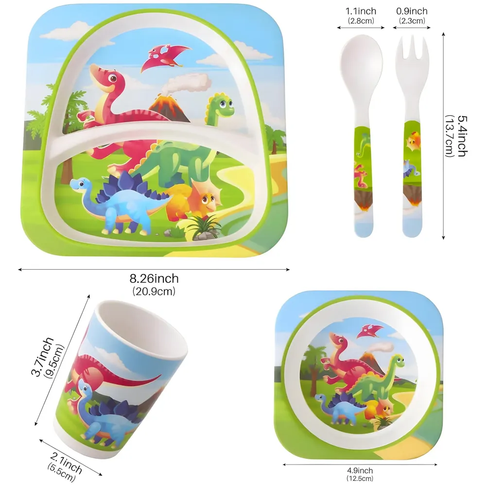 Kids Bamboo Baby Tableware, Eco Friendly Bamboo Fibre Dinner Set for Toddler and Kids, Self-Feeding Baby Utensil Set of 5pcs, 1 x Plate, 1 x Bowl, 1 x Glass, 1 x Spoon, 1 x Fork Dinosaur