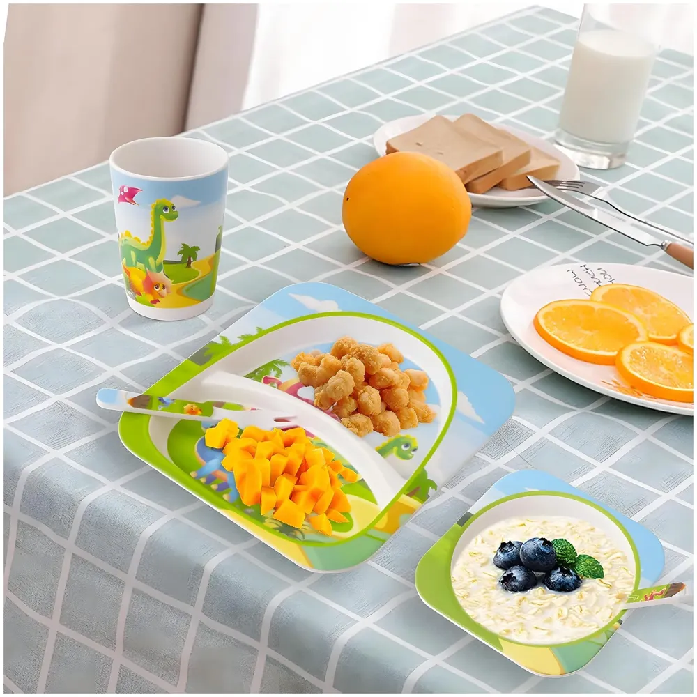 Kids Bamboo Baby Tableware, Eco Friendly Bamboo Fibre Dinner Set for Toddler and Kids, Self-Feeding Baby Utensil Set of 5pcs, 1 x Plate, 1 x Bowl, 1 x Glass, 1 x Spoon, 1 x Fork Dinosaur