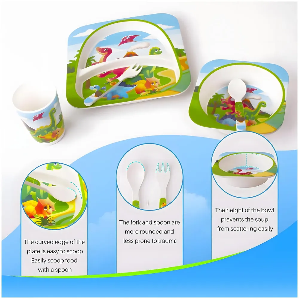 Kids Bamboo Baby Tableware, Eco Friendly Bamboo Fibre Dinner Set for Toddler and Kids, Self-Feeding Baby Utensil Set of 5pcs, 1 x Plate, 1 x Bowl, 1 x Glass, 1 x Spoon, 1 x Fork Dinosaur