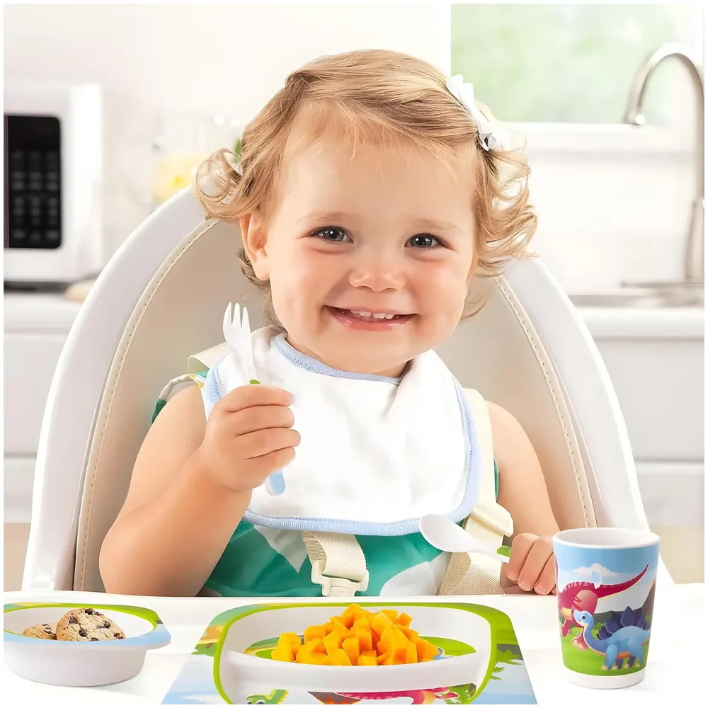 Kids Bamboo Baby Tableware, Eco Friendly Bamboo Fibre Dinner Set for Toddler and Kids, Self-Feeding Baby Utensil Set of 5pcs, 1 x Plate, 1 x Bowl, 1 x Glass, 1 x Spoon, 1 x Fork Dinosaur