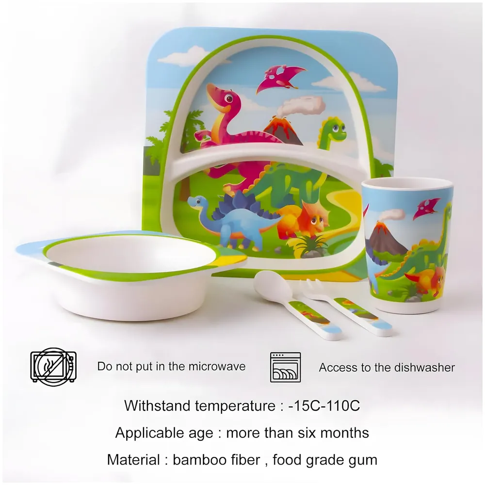 Kids Bamboo Baby Tableware, Eco Friendly Bamboo Fibre Dinner Set for Toddler and Kids, Self-Feeding Baby Utensil Set of 5pcs, 1 x Plate, 1 x Bowl, 1 x Glass, 1 x Spoon, 1 x Fork Dinosaur