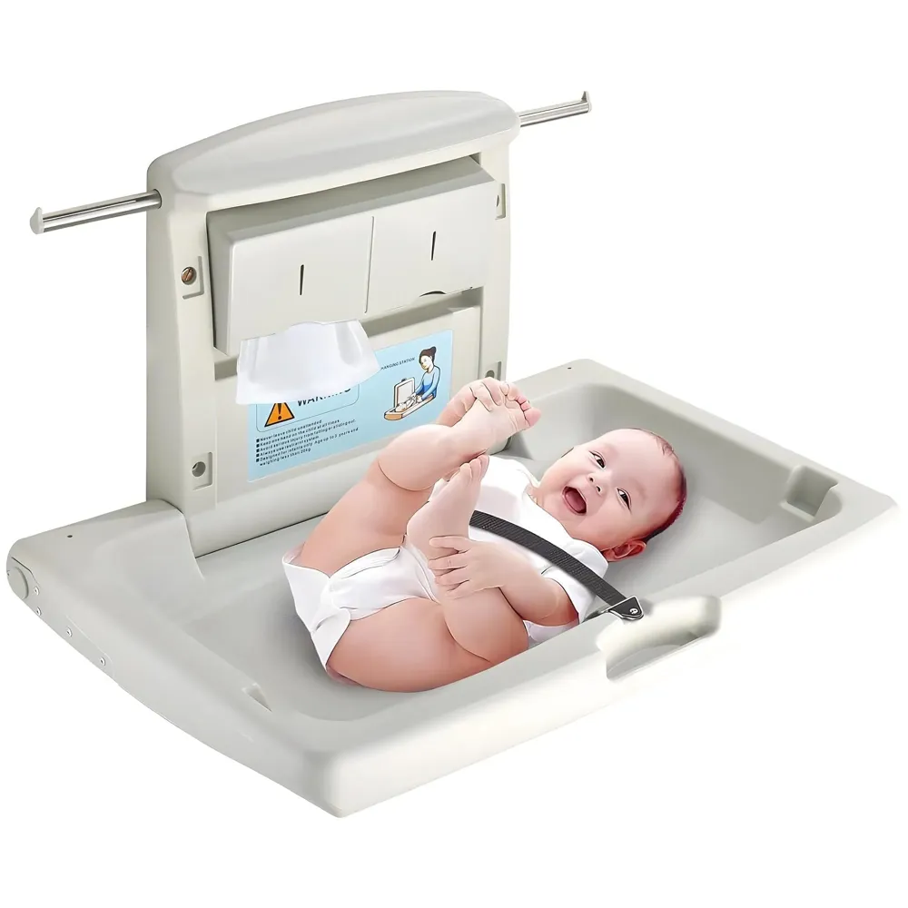 Baby Diaper Changing Station - Wall-Mounted, Heavy Duty Design with Safety Straps for Hospitals Nurseries Residential Commercial Restrooms – 33.4 Inch x 21.2 Inch HDPE