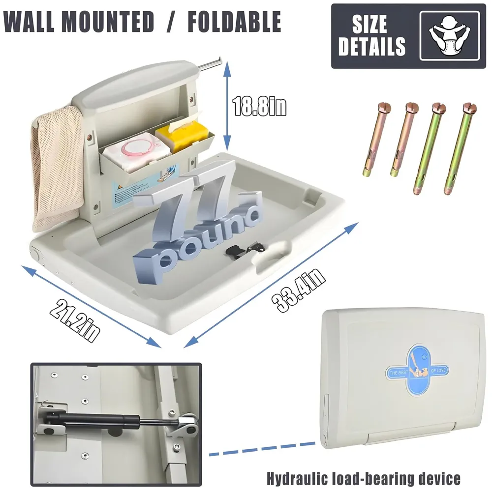 Baby Diaper Changing Station - Wall-Mounted, Heavy Duty Design with Safety Straps for Hospitals Nurseries Residential Commercial Restrooms – 33.4 Inch x 21.2 Inch HDPE - 3