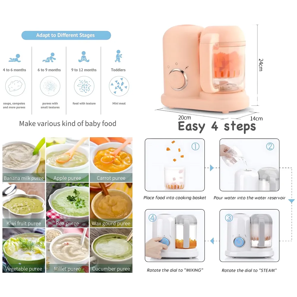 4-in-1 Baby Food Processor Cooker, Blender, Steamer and Defroster Baby Meal Essentials Make Healthy Fresh Food At Home Pink Colour Premium