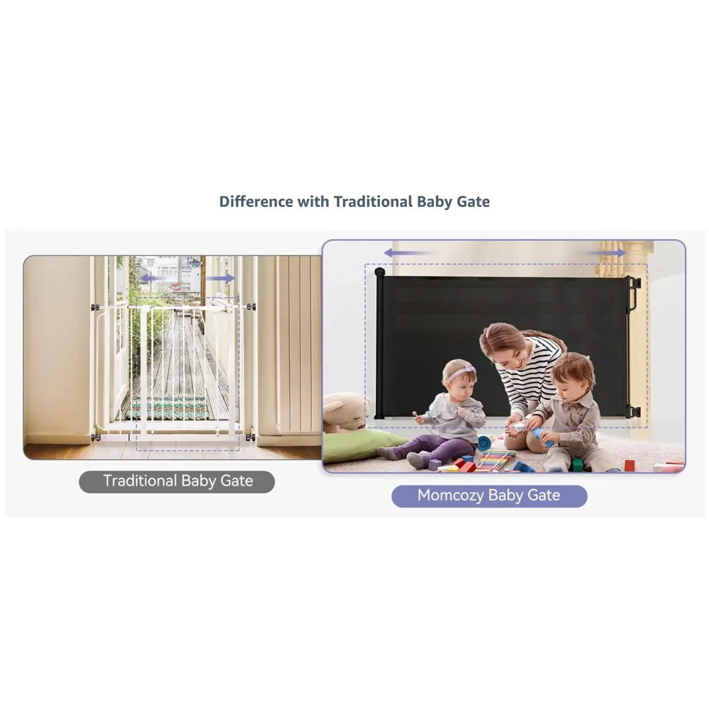 Retractable Baby Gate, Child Safety Adjustable Extendable to 180cm Extra Wide Mesh Baby Gates for Pet Dog Gate for Doorways, Stairs, Hallways, Indoor/Outdoor Barrier Fence (Black 180 cm)