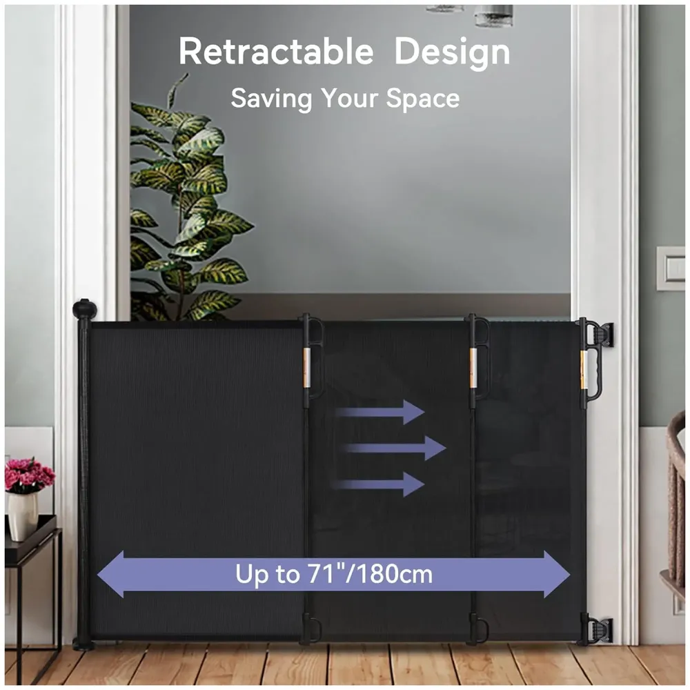 Retractable Baby Gate, Child Safety Adjustable Extendable to 180cm Extra Wide Mesh Baby Gates for Pet Dog Gate for Doorways, Stairs, Hallways, Indoor/Outdoor Barrier Fence (Black 180 cm)