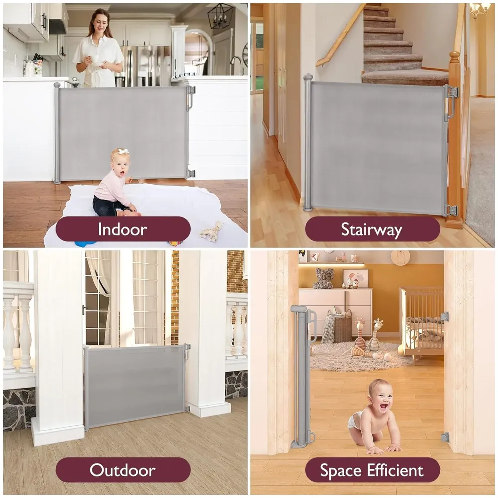 Retractable Baby Gate, Child Safety Adjustable Extendable to 180cm Extra Wide Mesh Baby Gates for Pet Dog Gate for Doorways, Stairs, Hallways, Indoor/Outdoor Barrier Fence (Grey 180 cm)