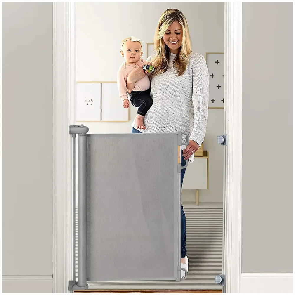 Retractable Baby Gate, Child Safety Adjustable Extendable to 180cm Extra Wide Mesh Baby Gates for Pet Dog Gate for Doorways, Stairs, Hallways, Indoor/Outdoor Barrier Fence (Grey 180 cm)