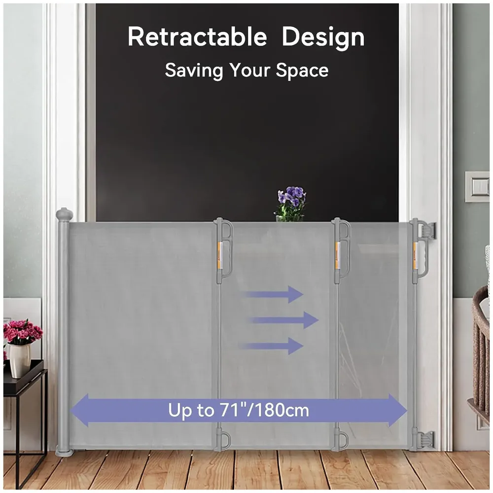 Retractable Baby Gate, Child Safety Adjustable Extendable to 180cm Extra Wide Mesh Baby Gates for Pet Dog Gate for Doorways, Stairs, Hallways, Indoor/Outdoor Barrier Fence (Grey 180 cm)