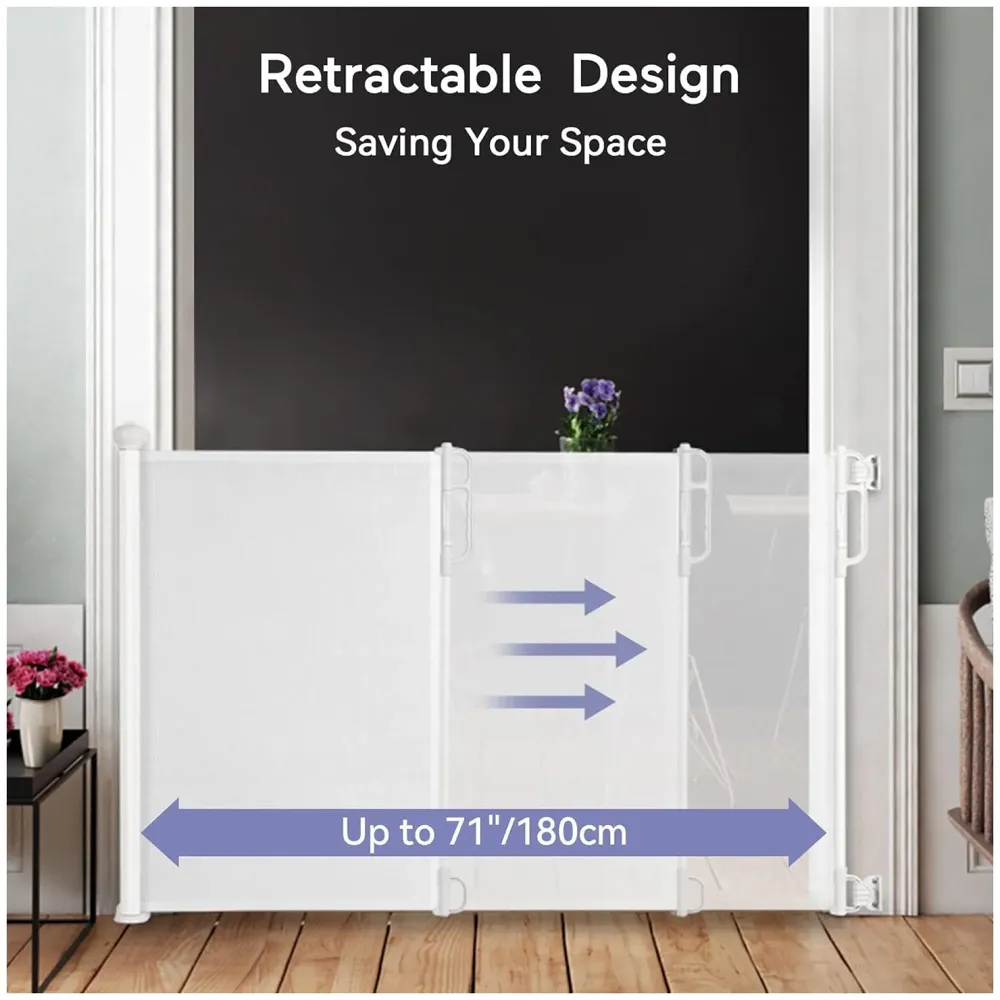 Retractable Baby Gate, Child Safety Adjustable Extendable to 180cm Extra Wide Mesh Baby Gates for Pet Dog Gate for Doorways, Stairs, Hallways, Indoor/Outdoor Barrier Fence (White 180 cm)