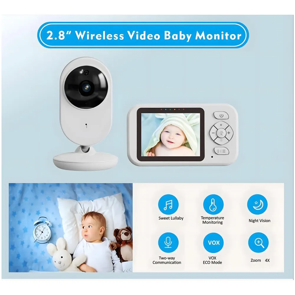 Video Baby Monitor with 2.8" LCD Screen – Two-Way Communication, Night Vision, VOX ECO Mode, Temperature Monitoring, and Soothing Lullabies - 2