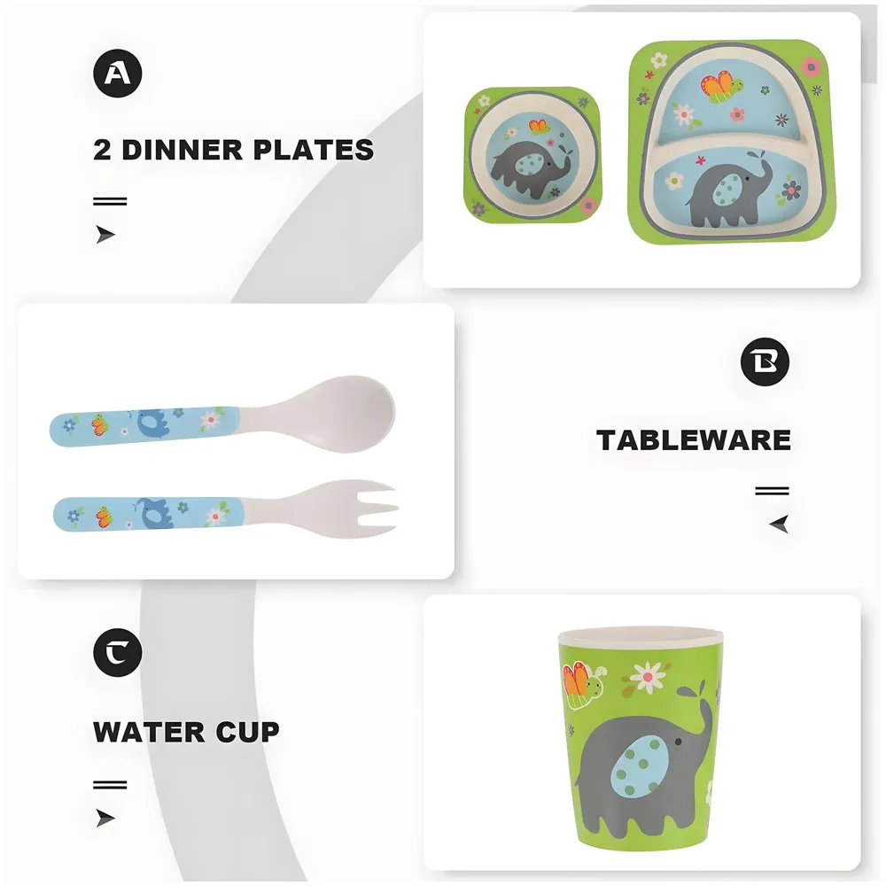 Kids Bamboo Baby Tableware, Eco Friendly Bamboo Fibre Dinner Set for Toddler and Kids, Self-Feeding Baby Utensil Set of 5pcs, 1 x Plate, 1 x Bowl, 1 x Glass, 1 x Spoon, 1 x Fork Elephant