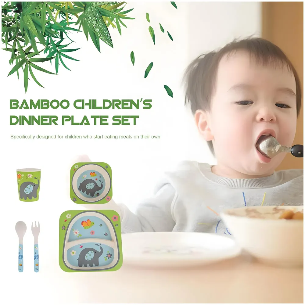 Kids Bamboo Baby Tableware, Eco Friendly Bamboo Fibre Dinner Set for Toddler and Kids, Self-Feeding Baby Utensil Set of 5pcs, 1 x Plate, 1 x Bowl, 1 x Glass, 1 x Spoon, 1 x Fork Elephant