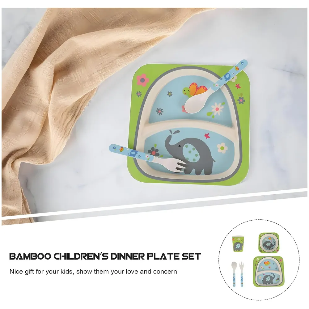 Kids Bamboo Baby Tableware, Eco Friendly Bamboo Fibre Dinner Set for Toddler and Kids, Self-Feeding Baby Utensil Set of 5pcs, 1 x Plate, 1 x Bowl, 1 x Glass, 1 x Spoon, 1 x Fork Elephant