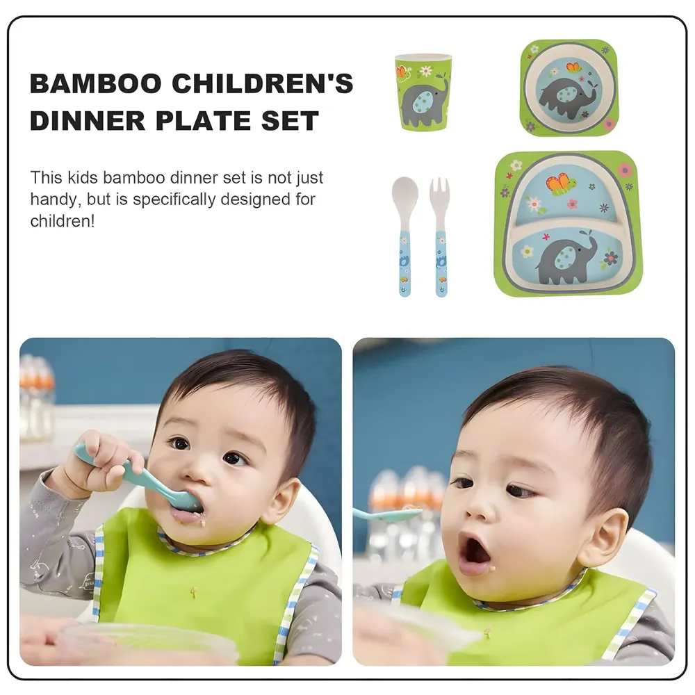 Kids Bamboo Baby Tableware, Eco Friendly Bamboo Fibre Dinner Set for Toddler and Kids, Self-Feeding Baby Utensil Set of 5pcs, 1 x Plate, 1 x Bowl, 1 x Glass, 1 x Spoon, 1 x Fork Elephant