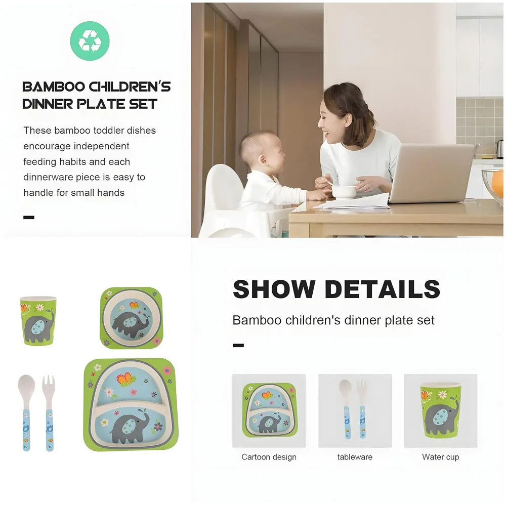 Kids Bamboo Baby Tableware, Eco Friendly Bamboo Fibre Dinner Set for Toddler and Kids, Self-Feeding Baby Utensil Set of 5pcs, 1 x Plate, 1 x Bowl, 1 x Glass, 1 x Spoon, 1 x Fork Elephant