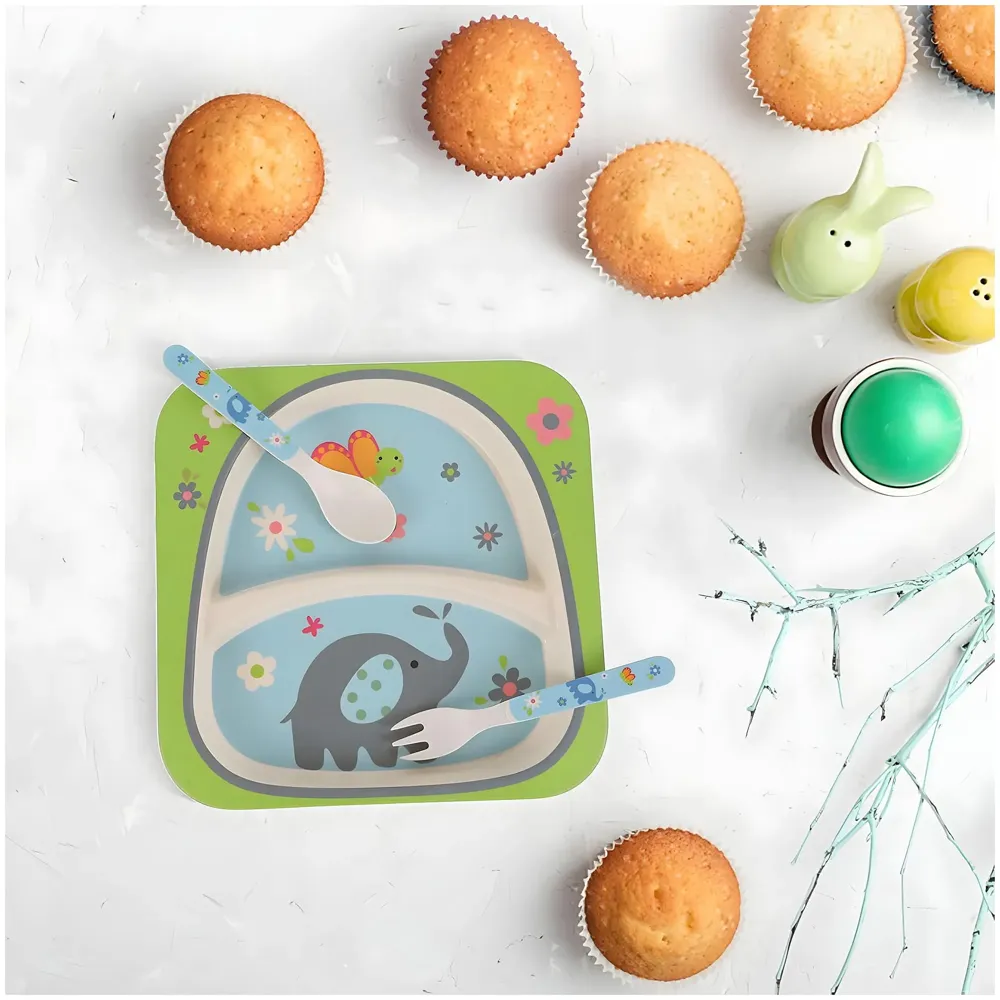 Kids Bamboo Baby Tableware, Eco Friendly Bamboo Fibre Dinner Set for Toddler and Kids, Self-Feeding Baby Utensil Set of 5pcs, 1 x Plate, 1 x Bowl, 1 x Glass, 1 x Spoon, 1 x Fork Elephant