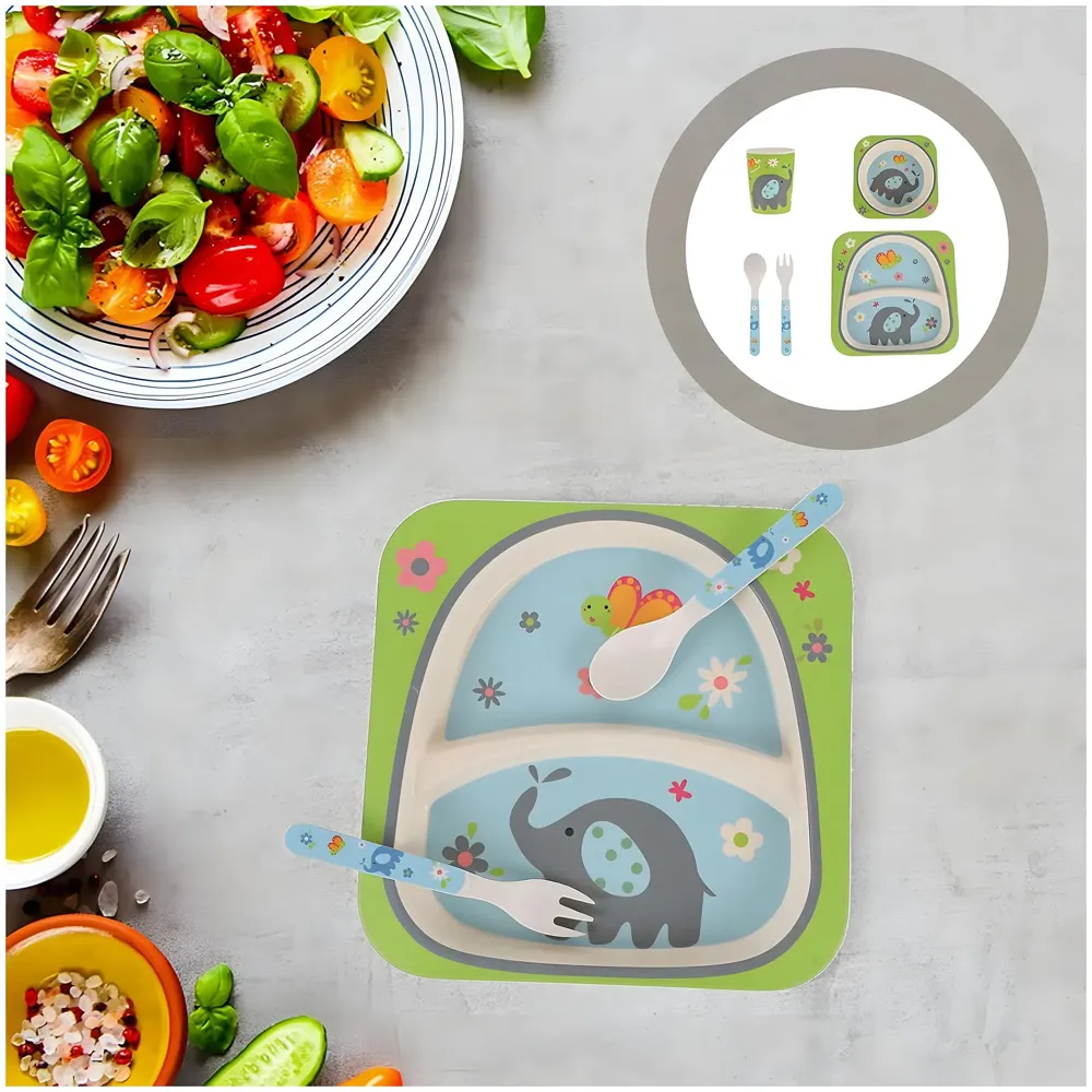 Kids Bamboo Baby Tableware, Eco Friendly Bamboo Fibre Dinner Set for Toddler and Kids, Self-Feeding Baby Utensil Set of 5pcs, 1 x Plate, 1 x Bowl, 1 x Glass, 1 x Spoon, 1 x Fork Elephant