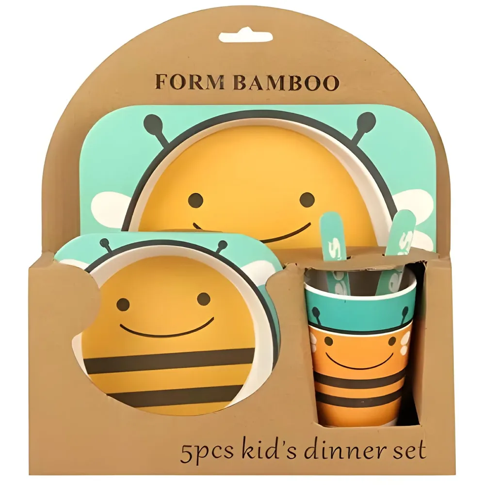 Kids Bamboo Baby Tableware, Eco Friendly Bamboo Fibre Dinner Set for Toddler and Kids, Self-Feeding Baby Utensil Set of 5pcs, 1 x Plate, 1 x Bowl, 1 x Glass, 1 x Spoon, 1 x Fork Bee
