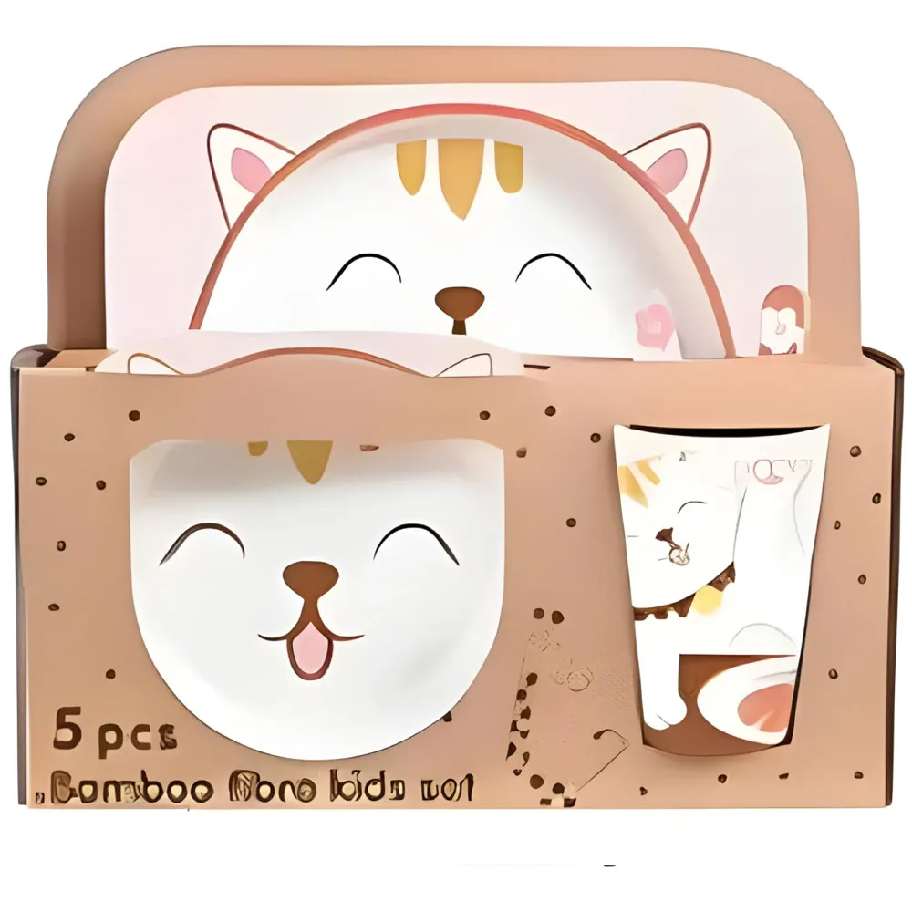 Bamboo Baby Tableware, Eco Friendly Bamboo Fibre Dinner Set for Toddler And Kids, Self-Feeding Baby Utensil Set of 5pcs, 1 x Plate, 1 x bowl, 1 x Glass, 1 x Spoon, 1 x Fork Cat Kitty Kitten