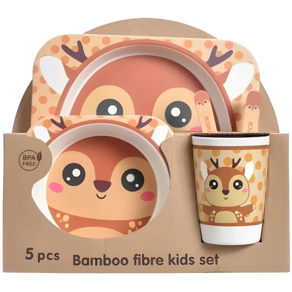 Kids Bamboo Baby Tableware, Eco Friendly Bamboo Fibre Dinner Set for Toddler and Kids, Self-Feeding Baby Utensil Set of 5pcs, 1 x Plate, 1 x Bowl, 1 x Glass, 1 x Spoon, 1 x Fork Deer