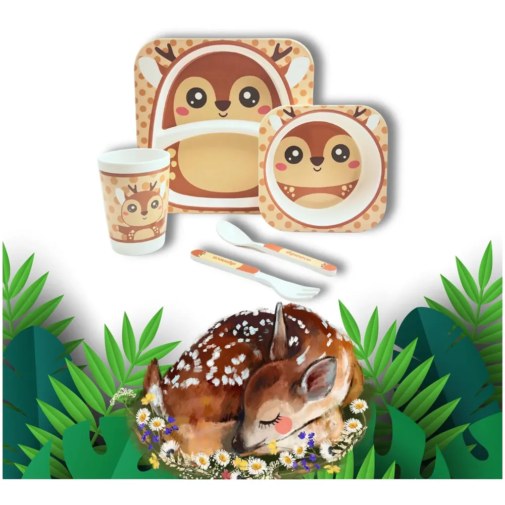 Kids Bamboo Baby Tableware, Eco Friendly Bamboo Fibre Dinner Set for Toddler and Kids, Self-Feeding Baby Utensil Set of 5pcs, 1 x Plate, 1 x Bowl, 1 x Glass, 1 x Spoon, 1 x Fork Deer