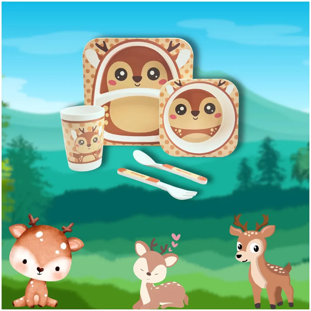 Kids Bamboo Baby Tableware, Eco Friendly Bamboo Fibre Dinner Set for Toddler and Kids, Self-Feeding Baby Utensil Set of 5pcs, 1 x Plate, 1 x Bowl, 1 x Glass, 1 x Spoon, 1 x Fork Deer