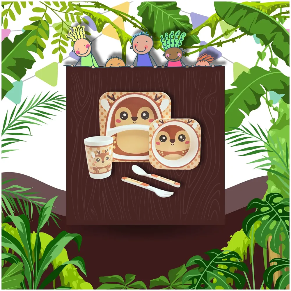 Kids Bamboo Baby Tableware, Eco Friendly Bamboo Fibre Dinner Set for Toddler and Kids, Self-Feeding Baby Utensil Set of 5pcs, 1 x Plate, 1 x Bowl, 1 x Glass, 1 x Spoon, 1 x Fork Deer