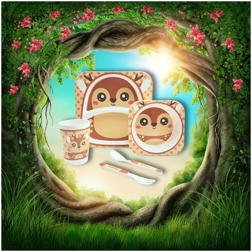 Kids Bamboo Baby Tableware, Eco Friendly Bamboo Fibre Dinner Set for Toddler and Kids, Self-Feeding Baby Utensil Set of 5pcs, 1 x Plate, 1 x Bowl, 1 x Glass, 1 x Spoon, 1 x Fork Deer