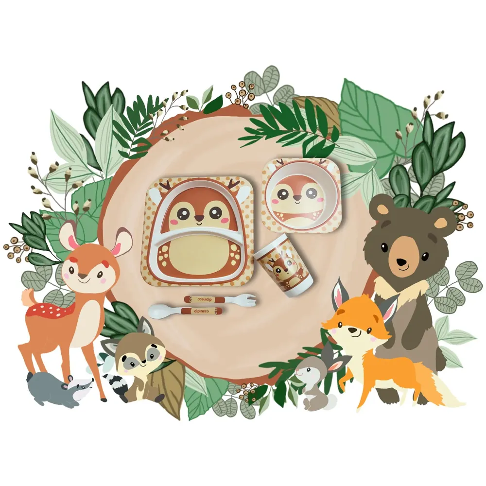 Kids Bamboo Baby Tableware, Eco Friendly Bamboo Fibre Dinner Set for Toddler and Kids, Self-Feeding Baby Utensil Set of 5pcs, 1 x Plate, 1 x Bowl, 1 x Glass, 1 x Spoon, 1 x Fork Deer