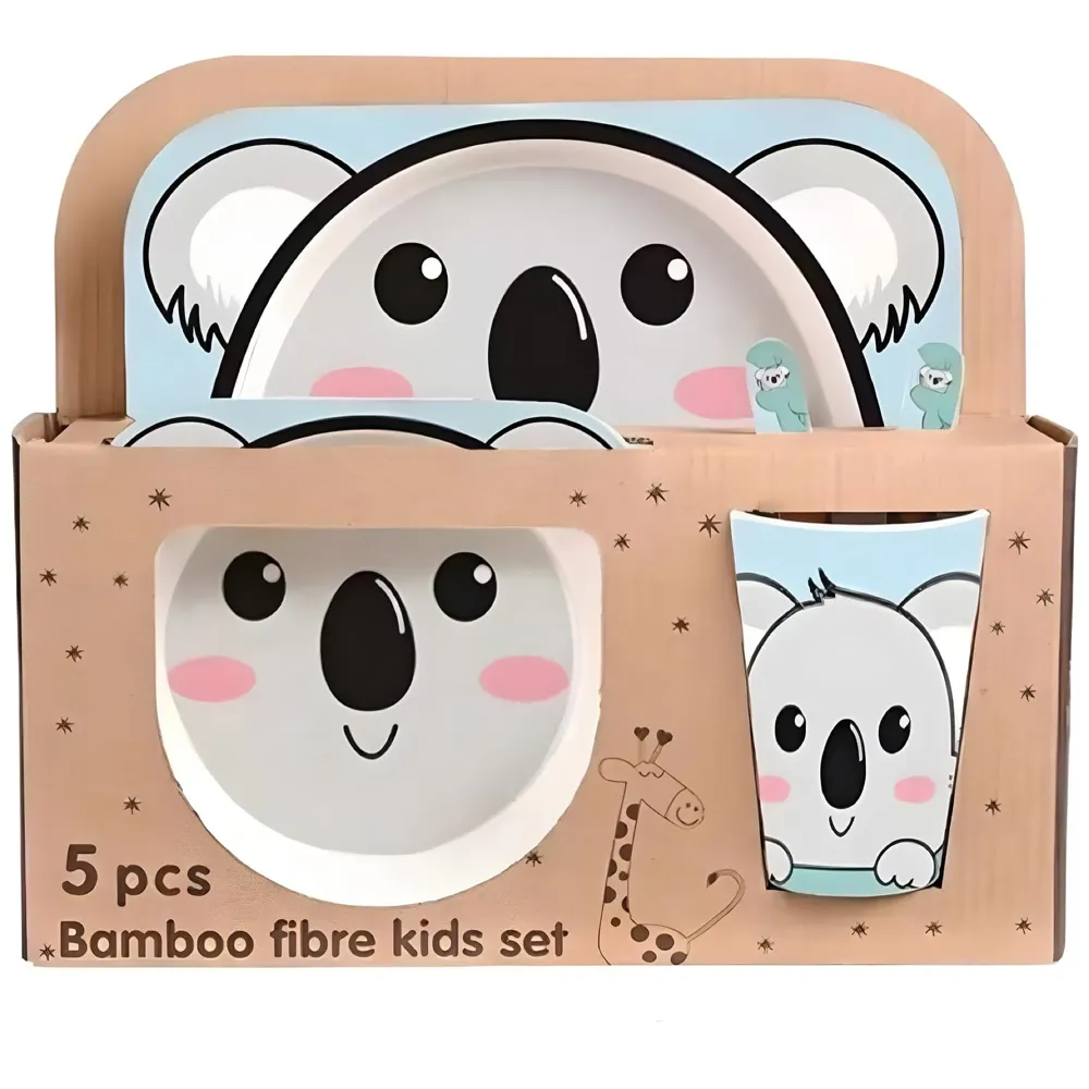 Kids Bamboo Baby Tableware, Eco Friendly Bamboo Fibre Dinner Set for Toddler and Kids, Self-Feeding Baby Utensil Set of 5pcs, 1 x Plate, 1 x Bowl, 1 x Glass, 1 x Spoon, 1 x Fork Koala