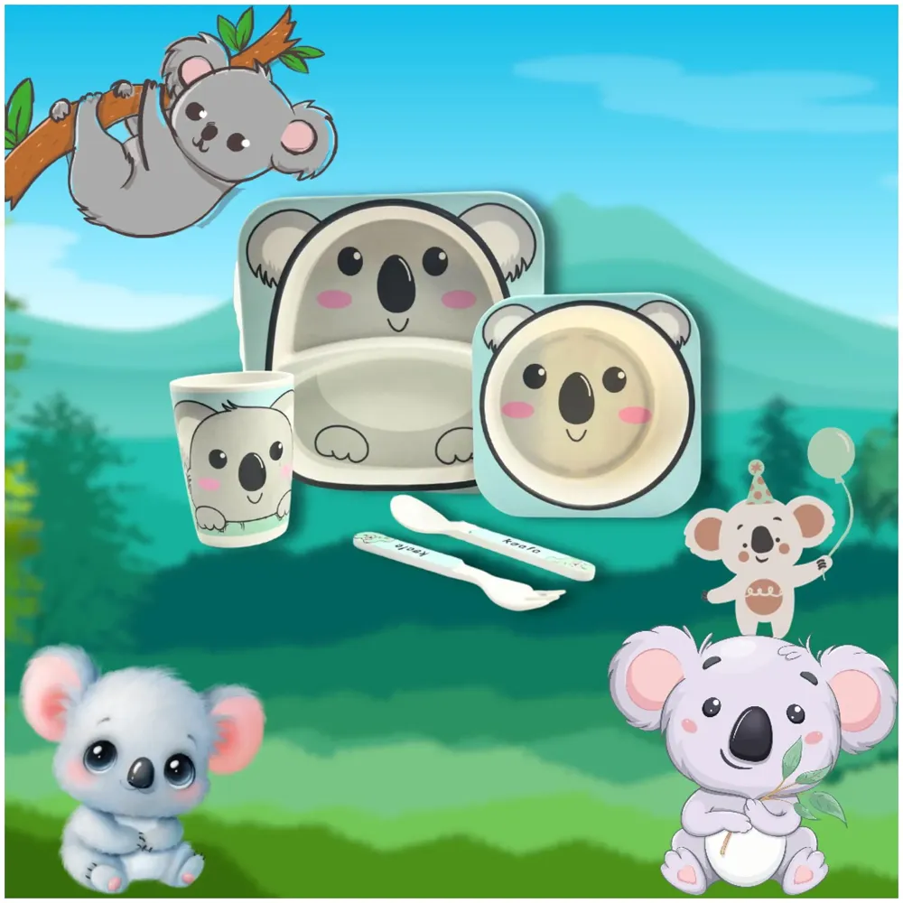 Kids Bamboo Baby Tableware, Eco Friendly Bamboo Fibre Dinner Set for Toddler and Kids, Self-Feeding Baby Utensil Set of 5pcs, 1 x Plate, 1 x Bowl, 1 x Glass, 1 x Spoon, 1 x Fork Koala