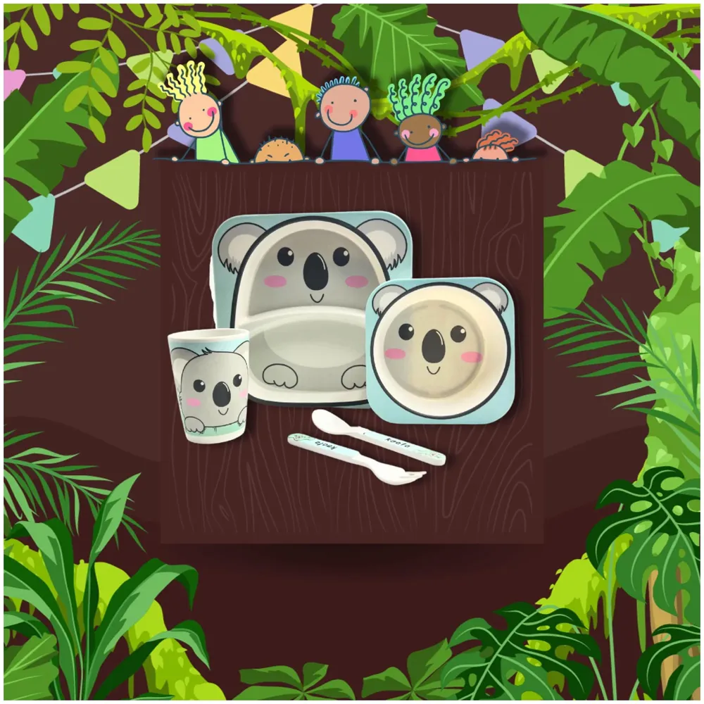 Kids Bamboo Baby Tableware, Eco Friendly Bamboo Fibre Dinner Set for Toddler and Kids, Self-Feeding Baby Utensil Set of 5pcs, 1 x Plate, 1 x Bowl, 1 x Glass, 1 x Spoon, 1 x Fork Koala