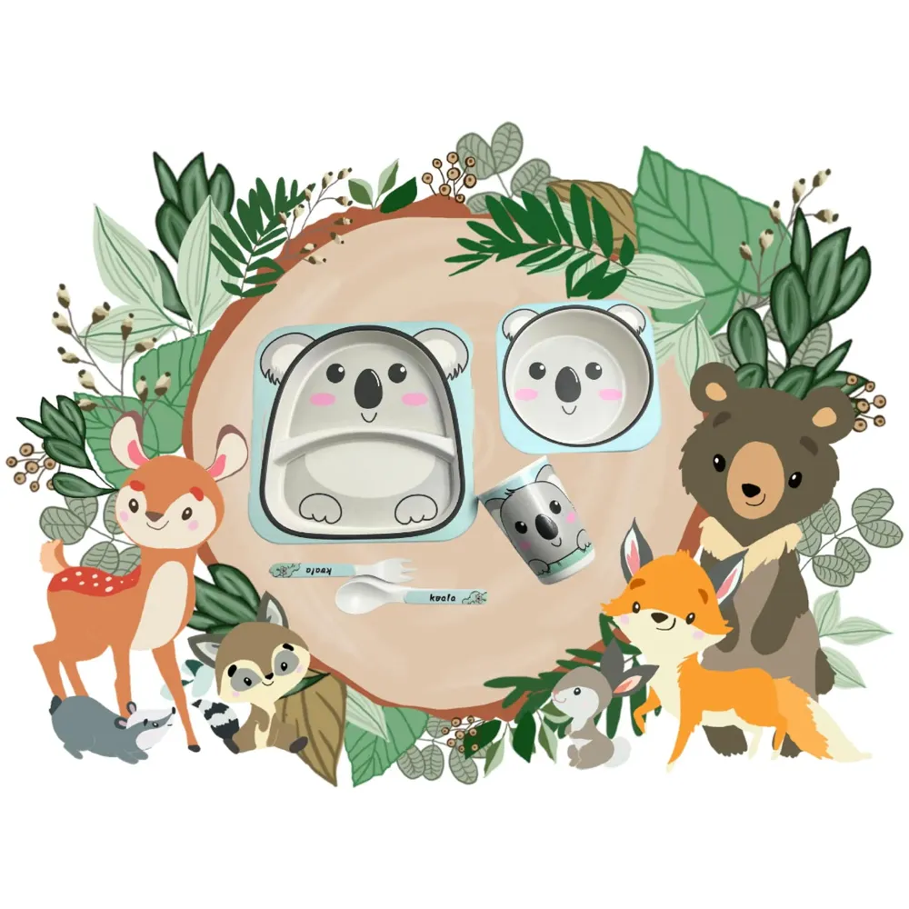 Kids Bamboo Baby Tableware, Eco Friendly Bamboo Fibre Dinner Set for Toddler and Kids, Self-Feeding Baby Utensil Set of 5pcs, 1 x Plate, 1 x Bowl, 1 x Glass, 1 x Spoon, 1 x Fork Koala