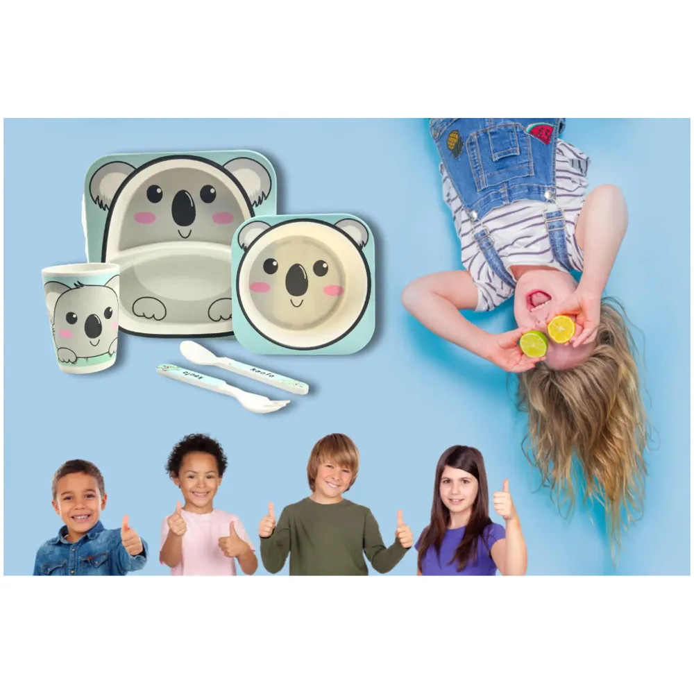 Kids Bamboo Baby Tableware, Eco Friendly Bamboo Fibre Dinner Set for Toddler and Kids, Self-Feeding Baby Utensil Set of 5pcs, 1 x Plate, 1 x Bowl, 1 x Glass, 1 x Spoon, 1 x Fork Koala