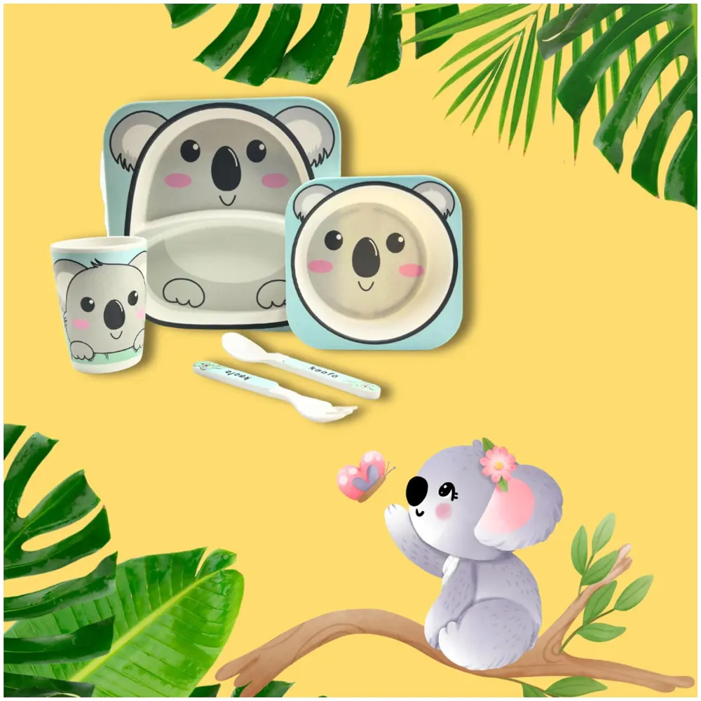 Kids Bamboo Baby Tableware, Eco Friendly Bamboo Fibre Dinner Set for Toddler and Kids, Self-Feeding Baby Utensil Set of 5pcs, 1 x Plate, 1 x Bowl, 1 x Glass, 1 x Spoon, 1 x Fork Koala