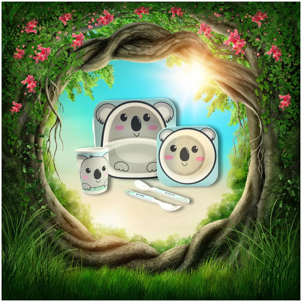 Kids Bamboo Baby Tableware, Eco Friendly Bamboo Fibre Dinner Set for Toddler and Kids, Self-Feeding Baby Utensil Set of 5pcs, 1 x Plate, 1 x Bowl, 1 x Glass, 1 x Spoon, 1 x Fork Koala