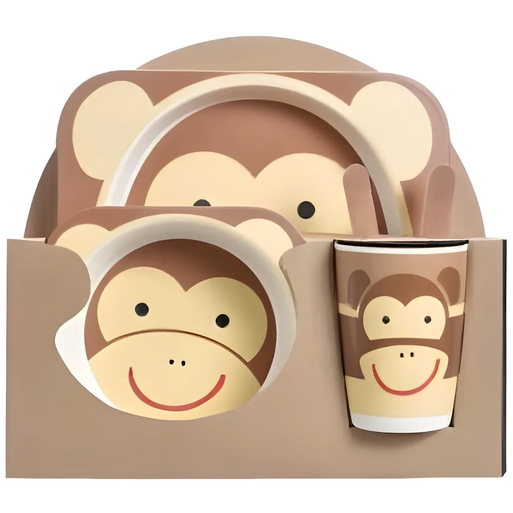 Monkey Kids Bamboo Baby Tableware, Eco Friendly Bamboo Fibre Dinner Set for Toddler And Kids, Self-Feeding Baby Utensil Set of 5pcs, 1 x Plate, 1 x bowl, 1 x Glass, 1 x Spoon, 1 x Fork Deer