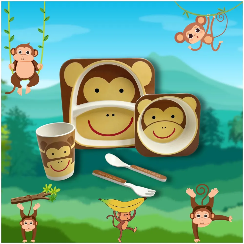 Monkey Kids Bamboo Baby Tableware, Eco Friendly Bamboo Fibre Dinner Set for Toddler And Kids, Self-Feeding Baby Utensil Set of 5pcs, 1 x Plate, 1 x bowl, 1 x Glass, 1 x Spoon, 1 x Fork Deer