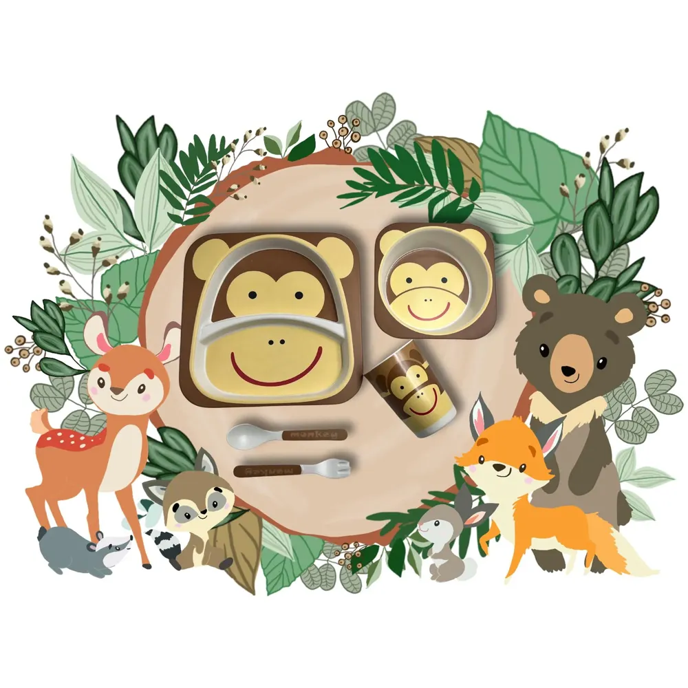 Monkey Kids Bamboo Baby Tableware, Eco Friendly Bamboo Fibre Dinner Set for Toddler And Kids, Self-Feeding Baby Utensil Set of 5pcs, 1 x Plate, 1 x bowl, 1 x Glass, 1 x Spoon, 1 x Fork Deer
