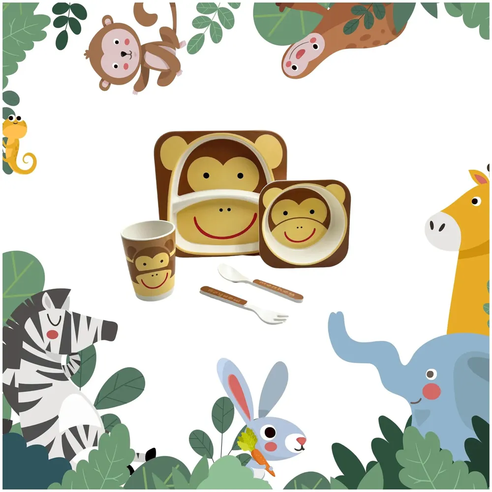 Monkey Kids Bamboo Baby Tableware, Eco Friendly Bamboo Fibre Dinner Set for Toddler And Kids, Self-Feeding Baby Utensil Set of 5pcs, 1 x Plate, 1 x bowl, 1 x Glass, 1 x Spoon, 1 x Fork Deer
