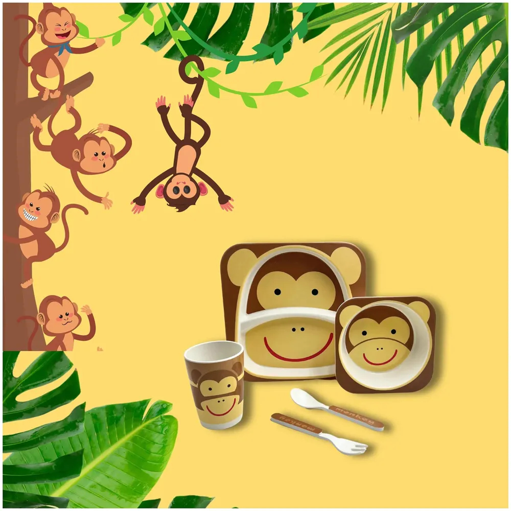 Monkey Kids Bamboo Baby Tableware, Eco Friendly Bamboo Fibre Dinner Set for Toddler And Kids, Self-Feeding Baby Utensil Set of 5pcs, 1 x Plate, 1 x bowl, 1 x Glass, 1 x Spoon, 1 x Fork Deer