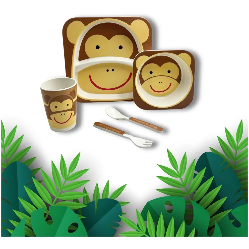 Monkey Kids Bamboo Baby Tableware, Eco Friendly Bamboo Fibre Dinner Set for Toddler And Kids, Self-Feeding Baby Utensil Set of 5pcs, 1 x Plate, 1 x bowl, 1 x Glass, 1 x Spoon, 1 x Fork Deer