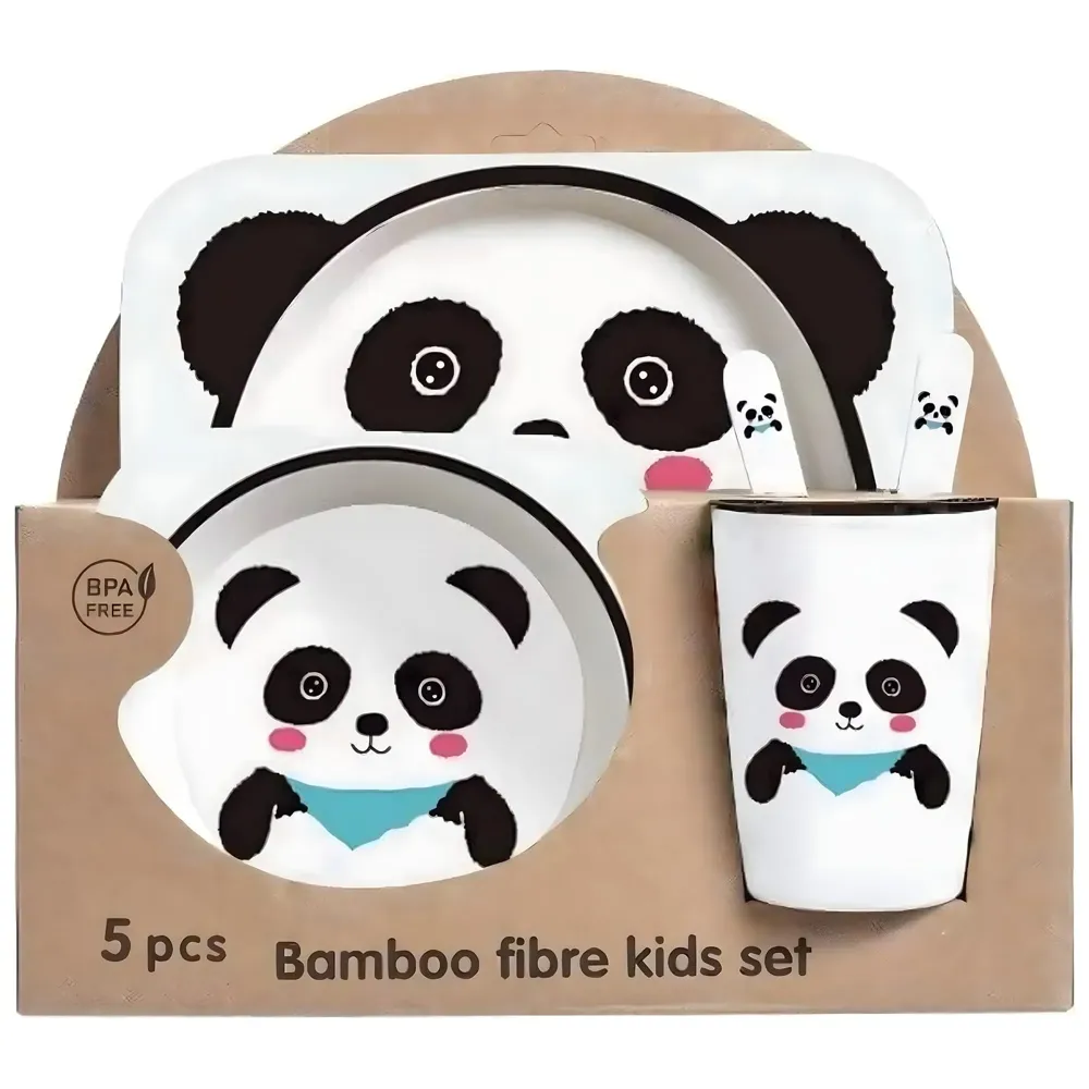 Kids Bamboo Baby Tableware, Eco Friendly Bamboo Fibre Dinner Set for Toddler and Kids, Self-Feeding Baby Utensil Set of 5pcs, 1 x Plate, 1 x Bowl, 1 x Glass, 1 x Spoon, 1 x Fork Panda